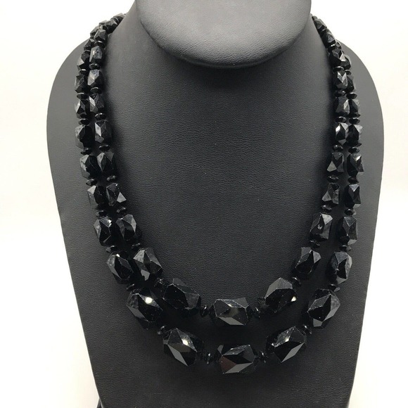 Antique Black Jet Faceted Glass Graduated Double Strand Flower Clasp Necklace - Picture 8 of 8